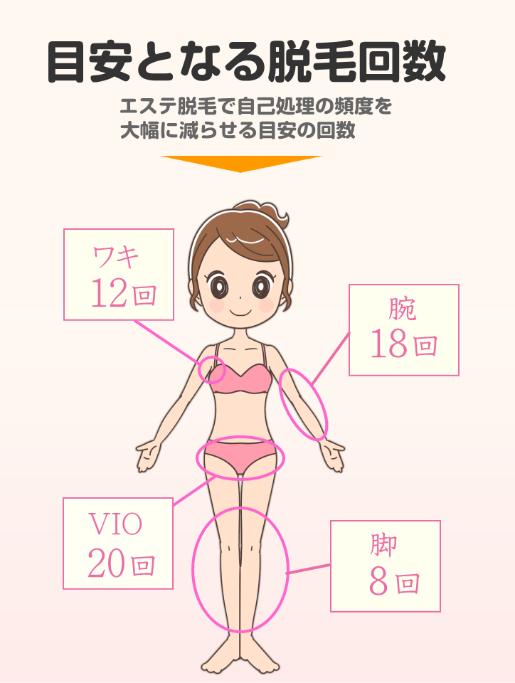 脱毛完了に必要な回数はワキ12回、VIO20回、腕18回、脚8回